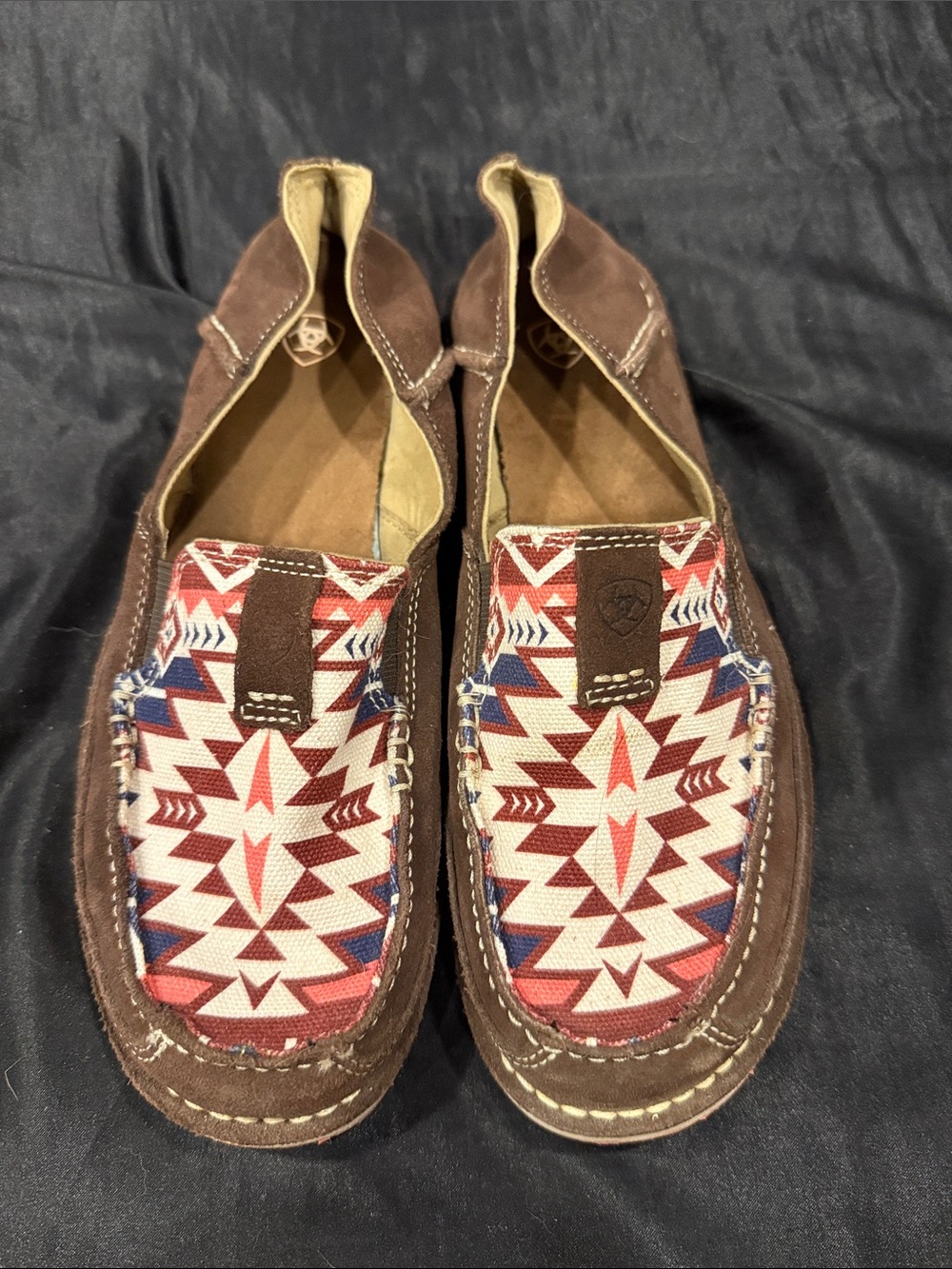 Women’s Brown Slip-On Moccasin with Red White & Blue Aztec Pattern